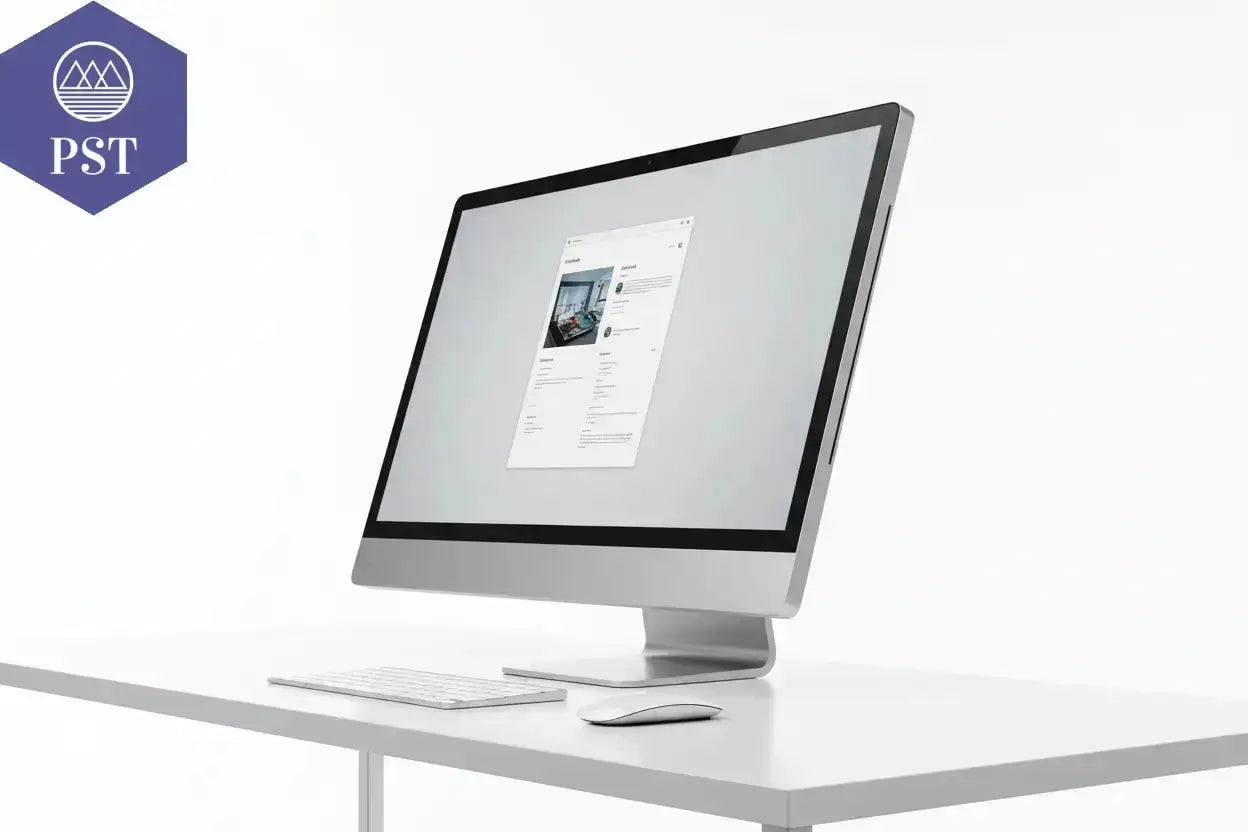 AIO-PC in modernem Design. Silberner All-in-one-PC auf einem weißen Tisch. PST PS Tradings 