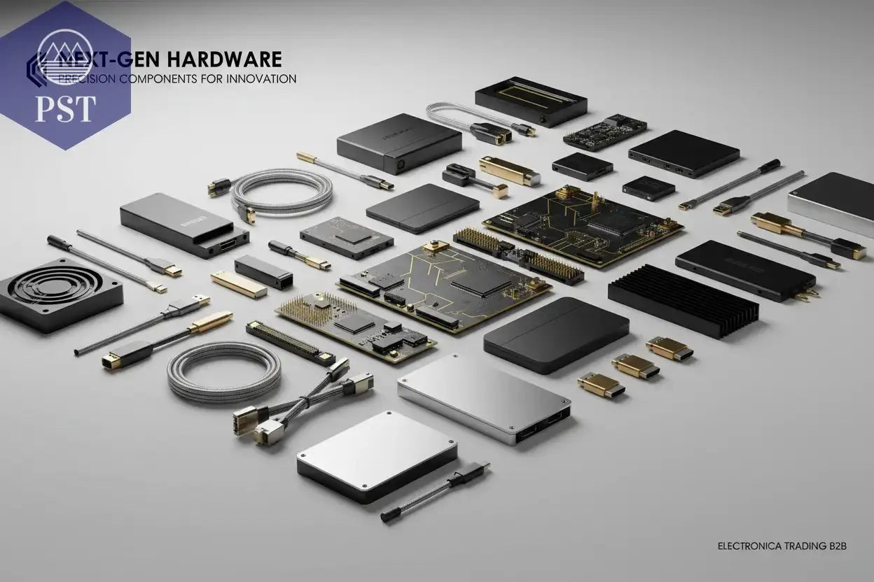 Hardware dargestellt als KI & Next-Gen Hardware und Komponenten mit Lüfter, Platinen, Steckverbindungen, Sockel, Adapter und weiterer Computer Hardware Teile - PS Tradings 